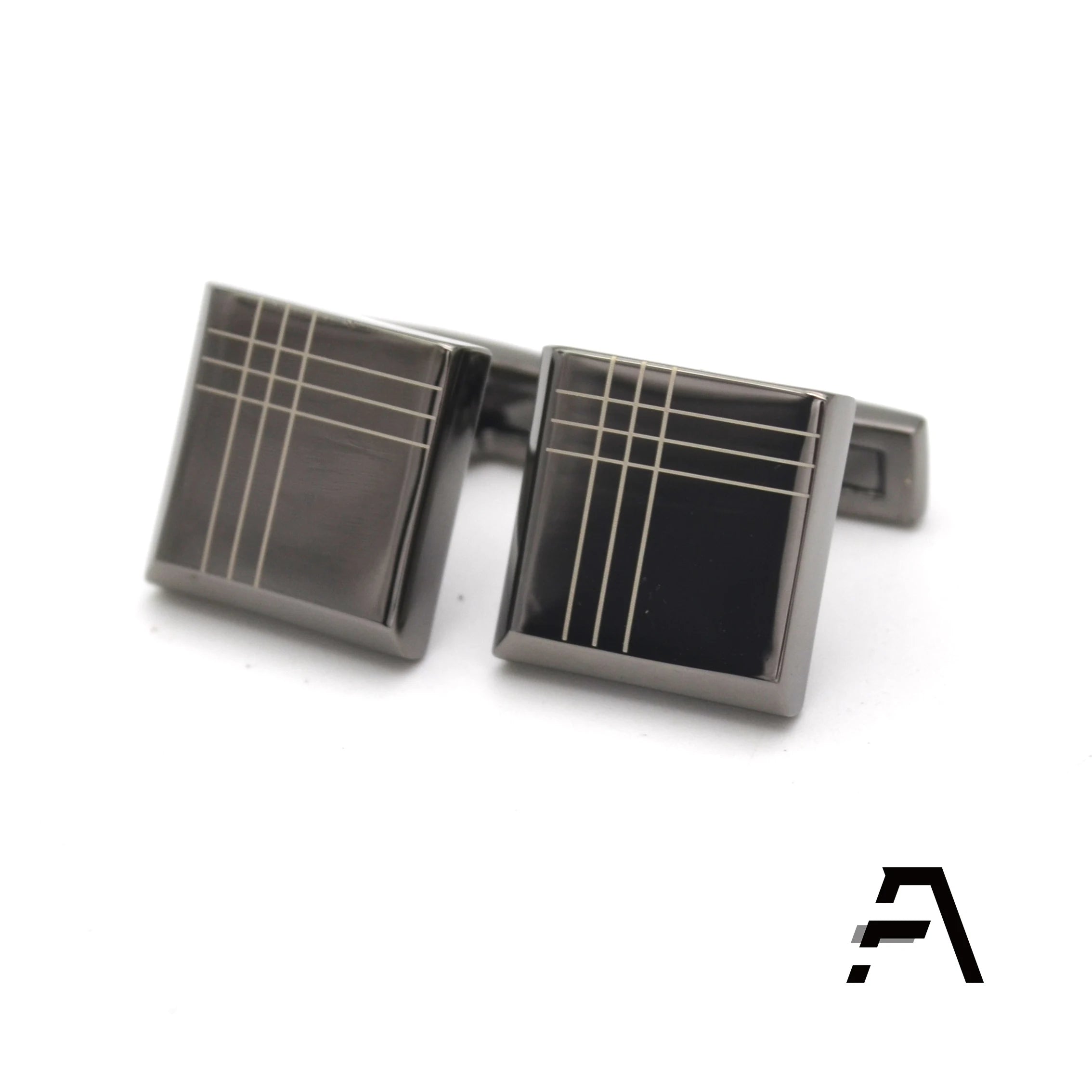 Fancy Square Black Metal Cufflinks with Plaids Checks Lines for Unisex Business Wedding Engagement Party Anniversary Gift