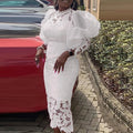 Lace Puffy Long Sleeve Hollow Out Wedding Bridesmaid Women Evening Dress