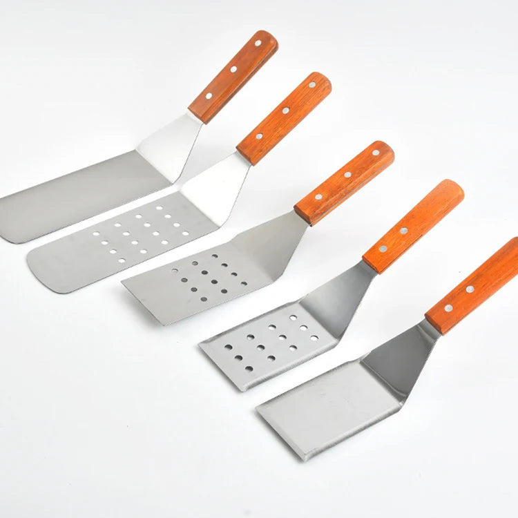 Professional Kitchen Stainless Steel Utensil Wooden Handle BBQ Grill Pizza Burger Turner Griddle Long Metal Spatula for Utensil