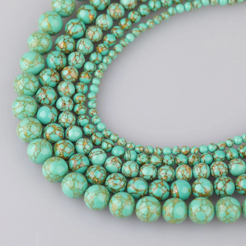 Wholesale 4/6/8/10/12MM Round Green Gold Line Turquoises Stone Beads Loose Bead for Jewelry Making DIY