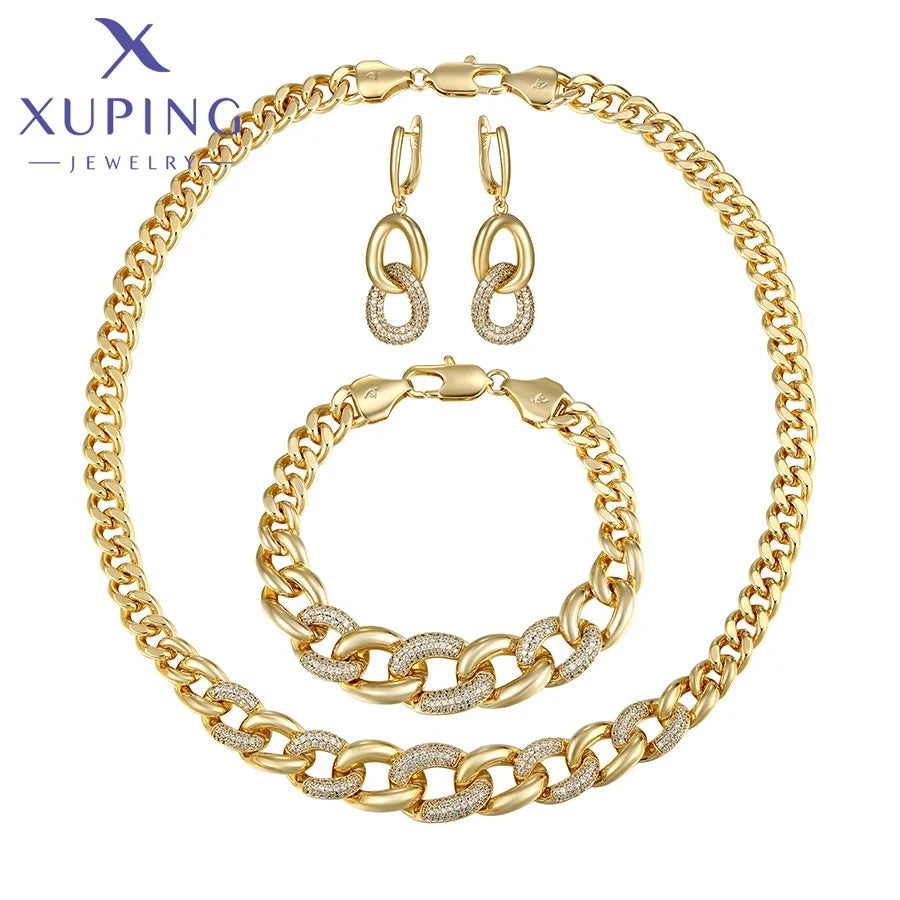X000786902 Xuping Jewelry Copper 14K Gold Plated Cuban Fashion Jewelry Set