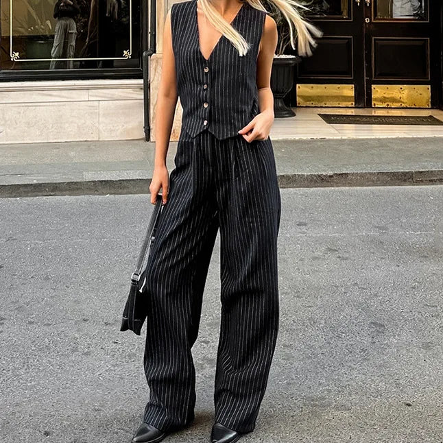 Enyami Casual Summer Suit Casual Loose V-Neck Sleeveless Striped Waistcoat Pants Two-Piece Summer Women Set