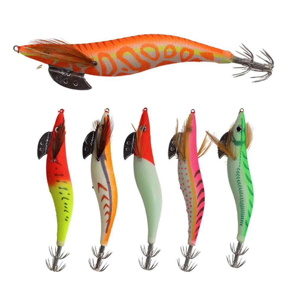 OEM 6 Color 2.5# 3.0# 3.5# 4.0# Luminous Squid Jig Hook Plastic Wood Shrimp Fishing Lures Shrimp Shape Fishing Gear Accessories