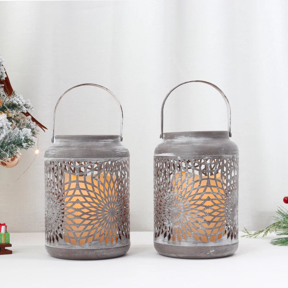 RTS Set of 2 Metal Candle Lanterns with Flameless LED Candles Hanging Candle Holder Outdoor Garden Farmhouse Patio Porch