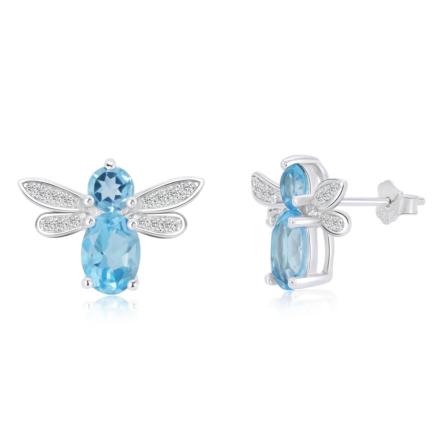 YBO Wholesale 925 Sterling Silver Bee Stud Earrings Natural Blue Topaz Zircon Trendy Fashion Jewelry for Women for Wedding Gift