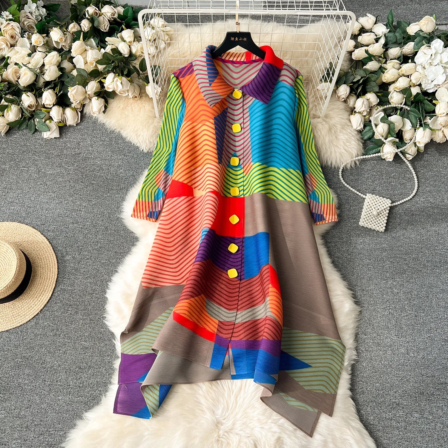 Casual Fashion Female Clothing Turkey Temperament Pleated Print Geometry Office Long Sleeved Plus Size Summer Dress