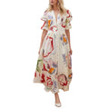 European and American Women's Printed High Waisted Large Swing Simple and Slim Dress