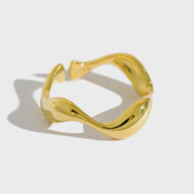 High Polished Gold Plated S925 Sterling Silver Irregular Wave Design Open Adjustable Rings for Women JA359