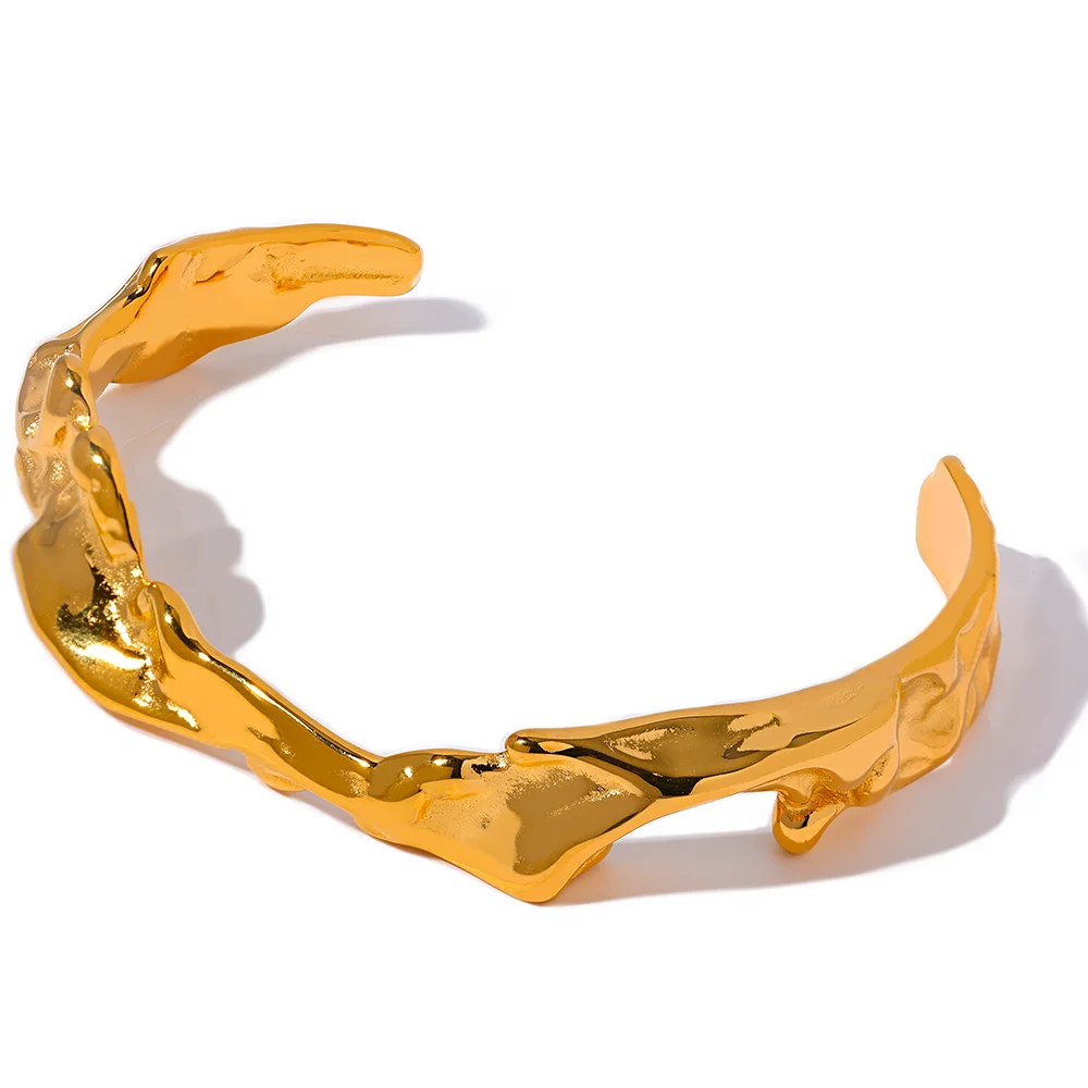 JINYOU 1708 Waterproof 18K Gold Color Stainless Steel Irregular Geometric Open Cuff Bracelet Bangle Personalized Texture Jewelry
