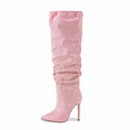 Sweet Pink Girls Plus Size Night Club Over the Knee Boots Stiletto Luxury Full Diamond Ruched Elastic Winter Party Boots