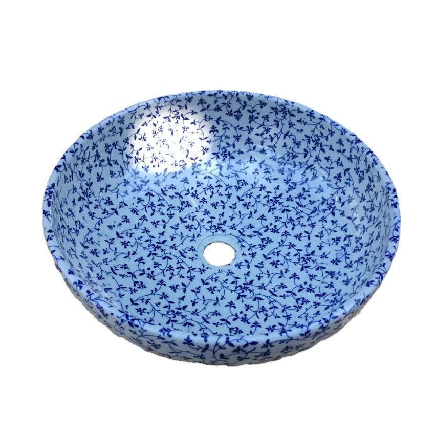 PENGHAN Jingdezhen Traditional Handmade Blue White Ceramic Basin 12L Counter Water Resistant Eco-Friendly Bathroom Washbasin