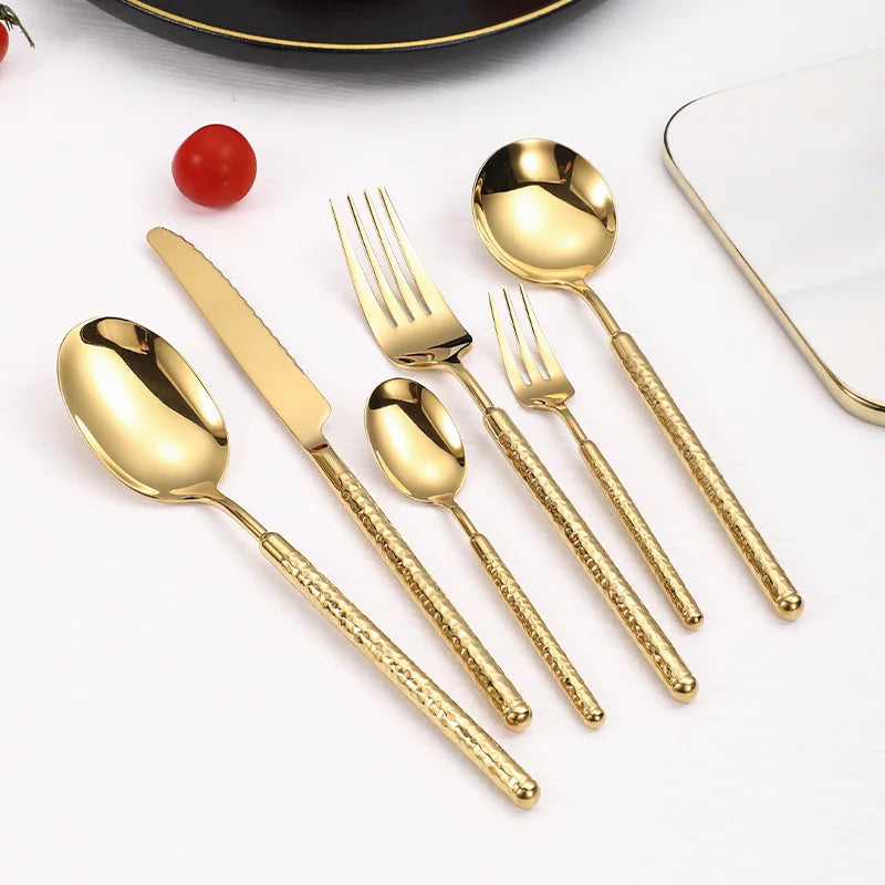 Luxury Round Handle Hammer Pattern 304 Stainless Steel Knife Fork Spoon Set Gold Silverware Wedding Cutlery Set