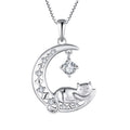 Cute Cat Crescent Moon Statement Necklace Rhodium Plated Link Chain Cubic Zirconia 925 Sterling Silver Jewelry for Women Girls
