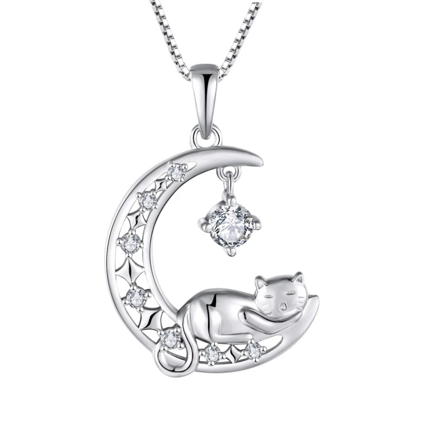 Cute Cat Crescent Moon Statement Necklace Rhodium Plated Link Chain Cubic Zirconia 925 Sterling Silver Jewelry for Women Girls