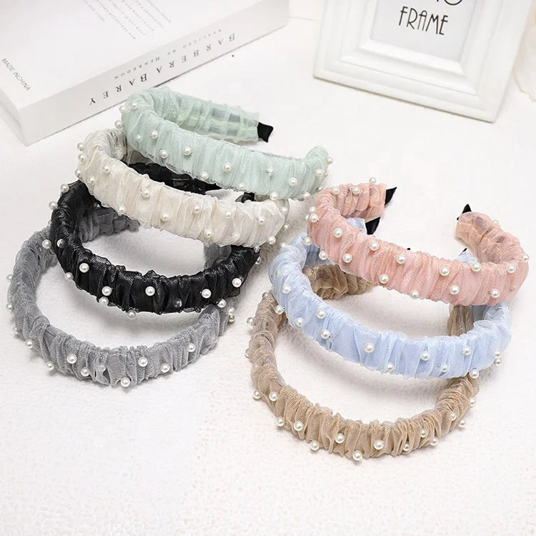 MIO Spring Summer Headbands Fashion for Woman and Girls Cute Lace Net Headband Pearls Daily Party Hair Accessories