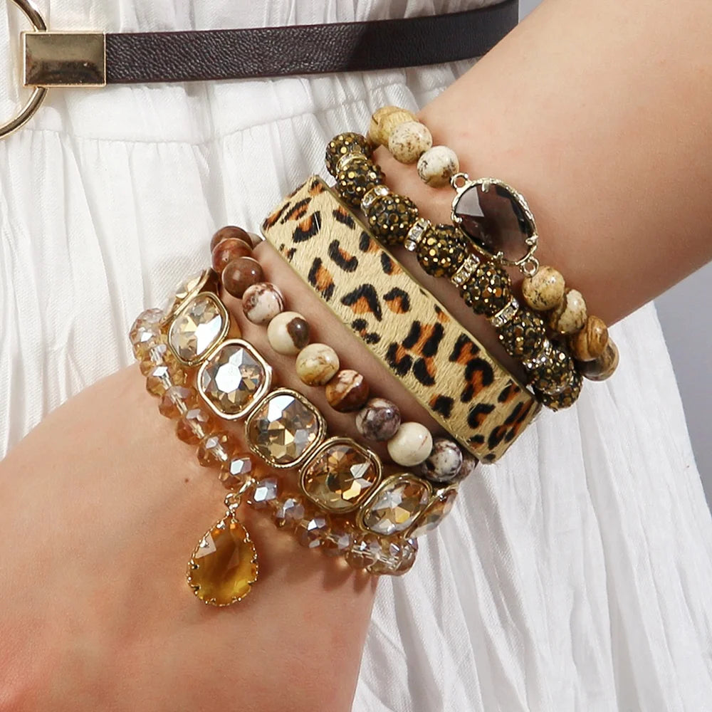 New Bohemian Bling Bling Women Jewelry 6 Pcs Natural Stone Crystal Glass Multicolor Horse Hair PU Leather Stack Bracelet Set