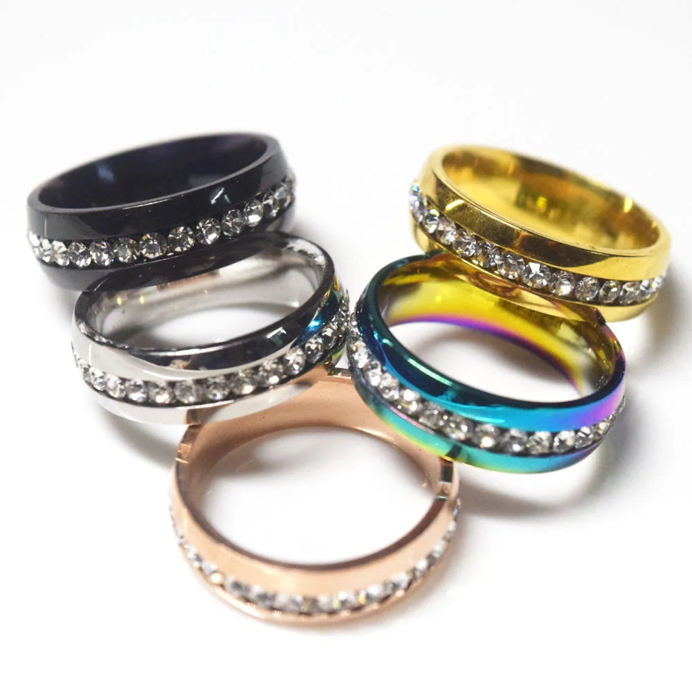 Stainless Steel Rhinestone Beads Iced Out Inlay Glitter Dainty Rings Jewelry Women Finger Ring Men 6mm Wide