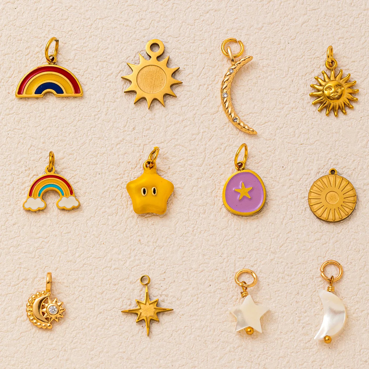 2025 New Children's 18K Gold Plated Stainless Steel DIY Jewelry Sun/Moon/Star/Rainbow Charms Pendant Bracelet Necklace Making