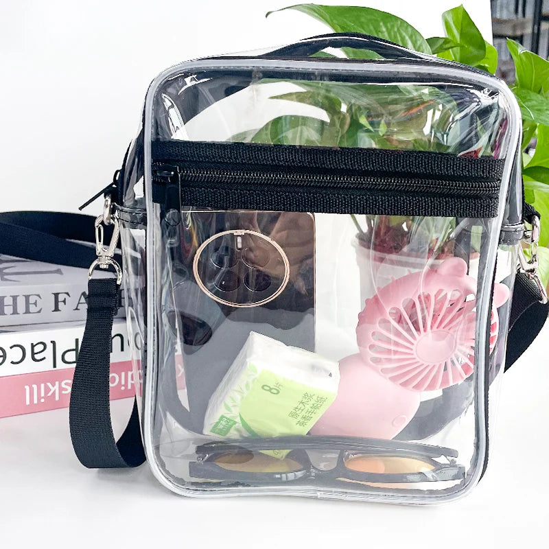 Customized Women Transparent Messenger Shoulder Bag for Beach Travel and Sporting with Zipper Clear Crossbody Cosmetic Bag