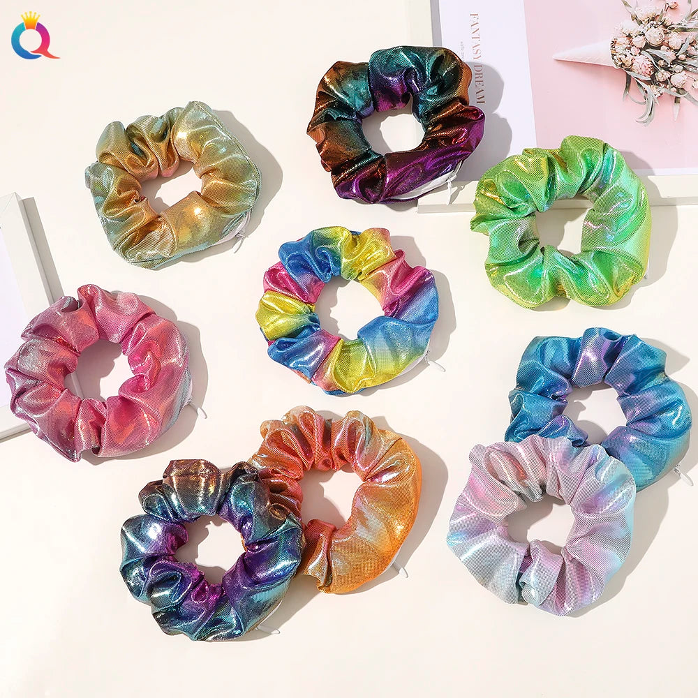 QIYUE Tie Dye Laser Scrunchies with White Color Zipper  Chouchou Woman Hair Tie