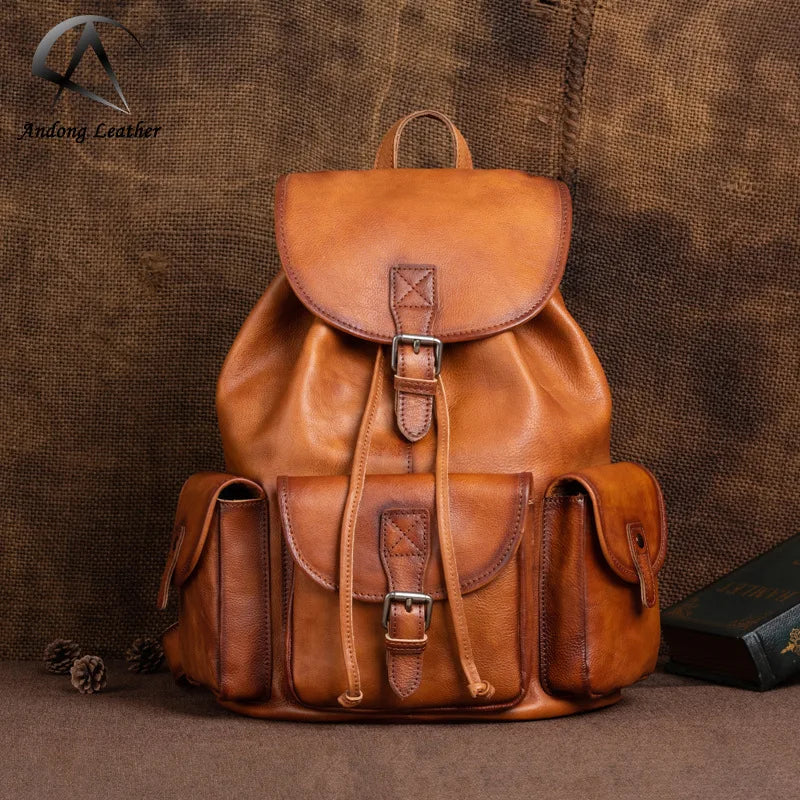 Andong Men Backpack Genuine Cow Leather Retro Leisure Business Vegetable Tanned Large Capacity Shoulder Bag Portable Travel Bags
