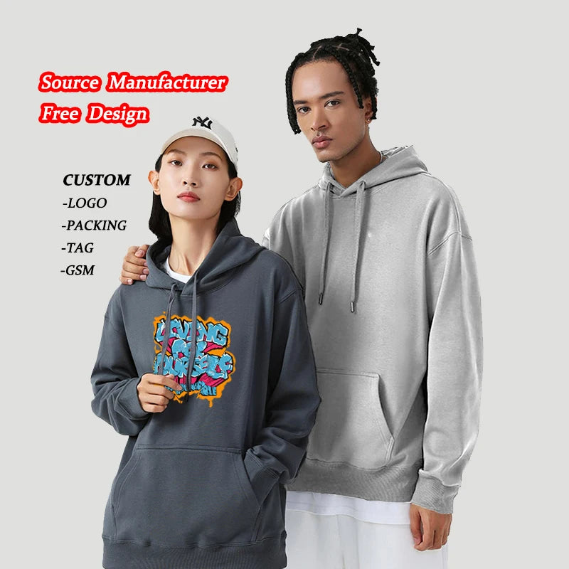 OEM Factory Custom Logo Puff Print Cotton Fleece Heavy Long Sleeve Work Clothes Drop Shoulder Oversized Mens Hoodies&Sweatshirts