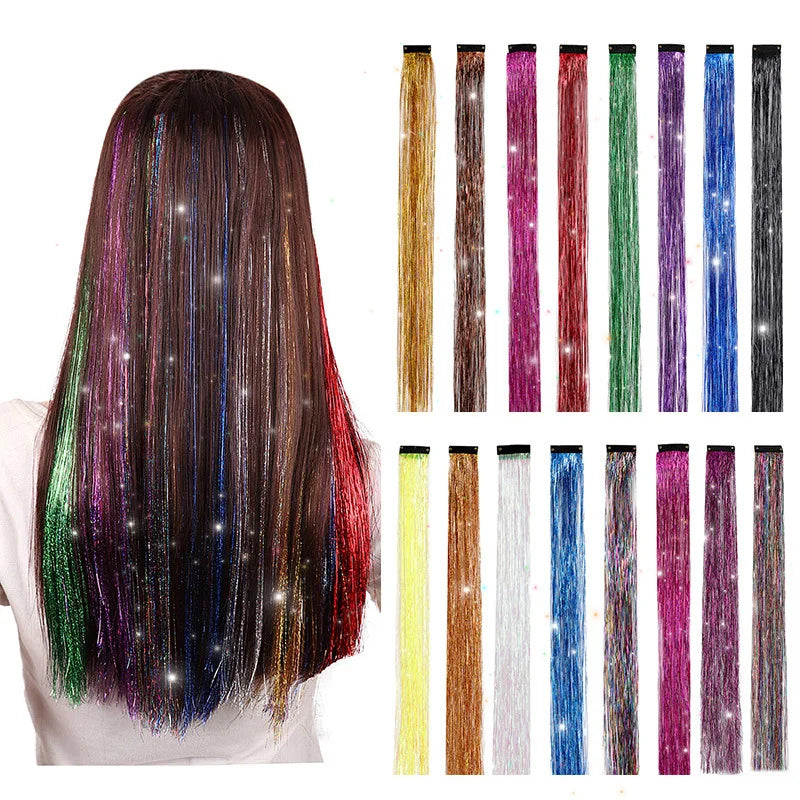 Laser Sparkle Clip in Hair Tinsel Glitter Hair Extensions Rainbow Hairpieces Hair Accessories for Women Headdress