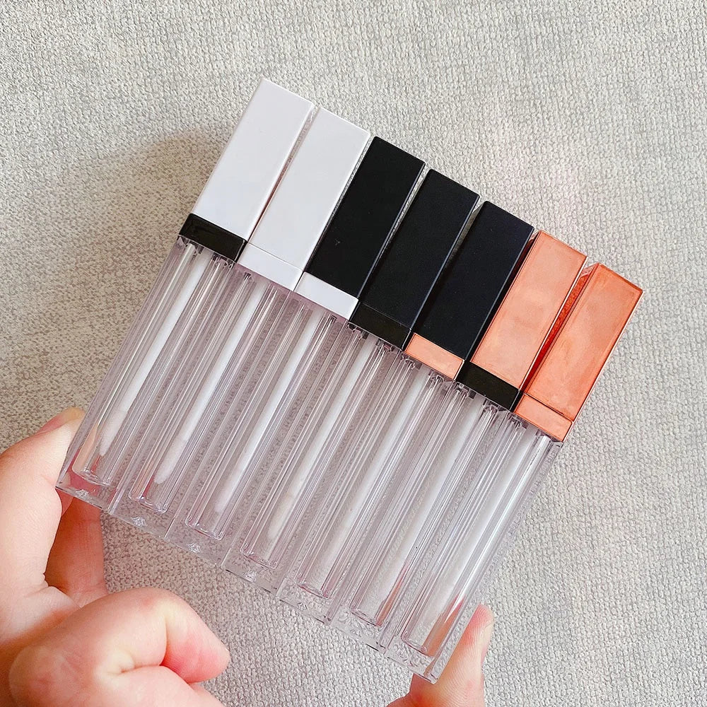 LZ Pack Stock 100pcs 5ml Square Black White Rose Gold Plastic Lipgloss Tube Custom Logo Lip Gloss Tubes With Brush
