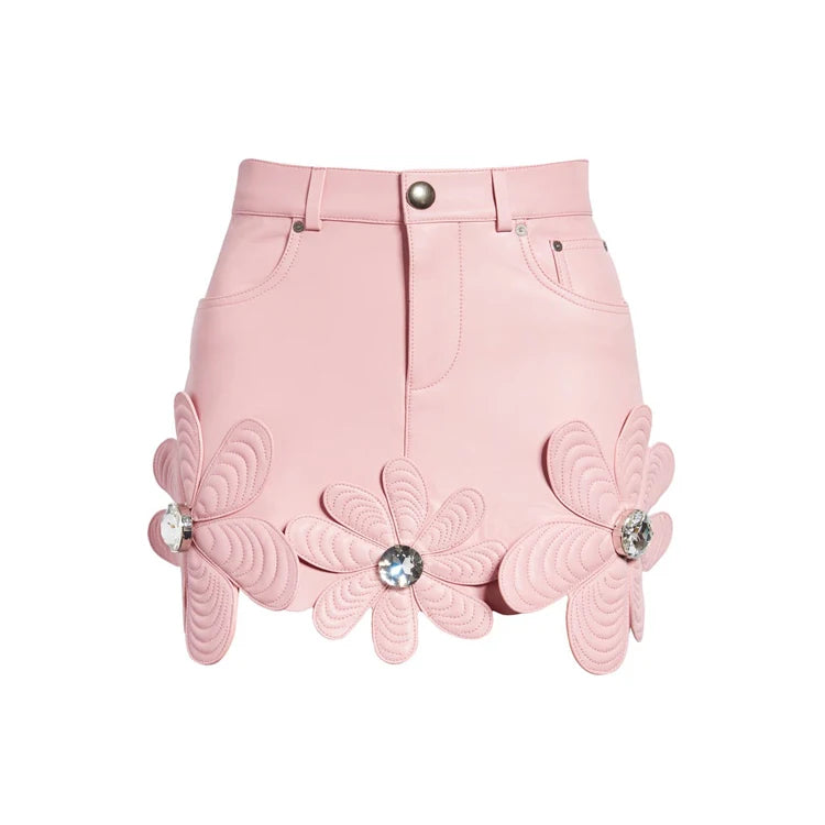 Custom Vintage High Waist Mini Short Pencil A-Line Leather Skirt for Women Women's Floral Embellished Miniskirt Natural
