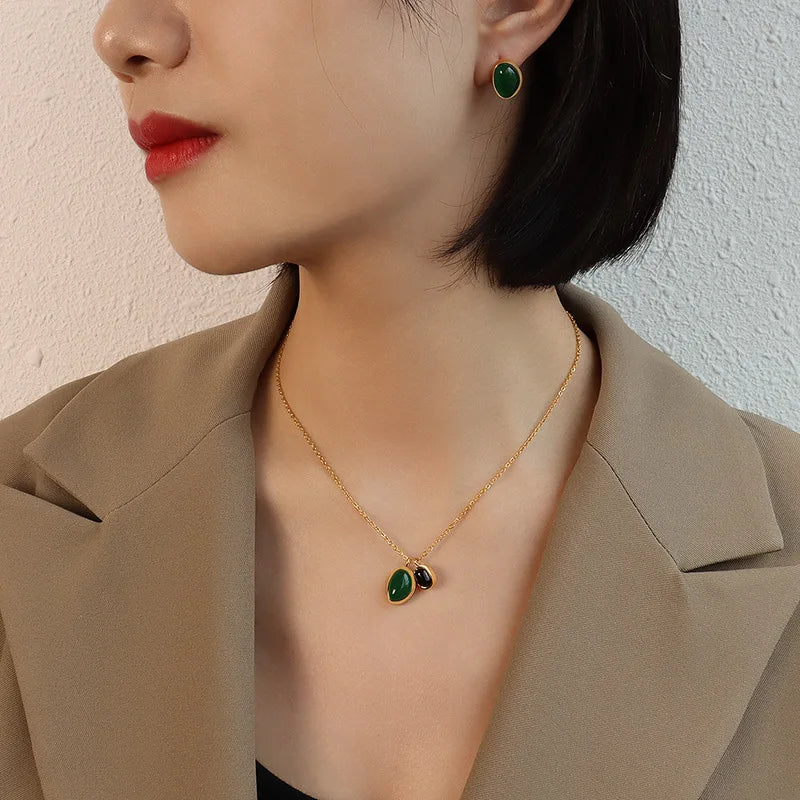 Waterproof Stainless Steel Irregular Onyx Stud Earring Necklace Set Black Green Double Onyx Stone Pendant Necklace Jewelry