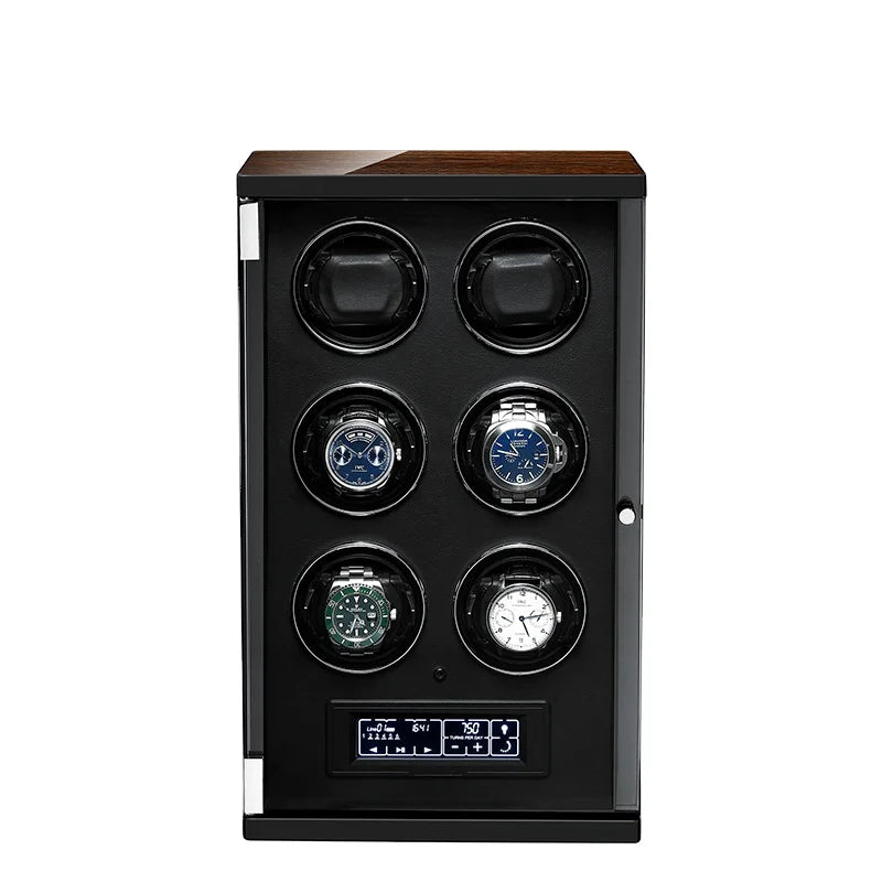 Luxury Handmade Solid Wood Black Watch Storage Box Automatic Winding High-end Gifts 6-Watch Winder LED Display
