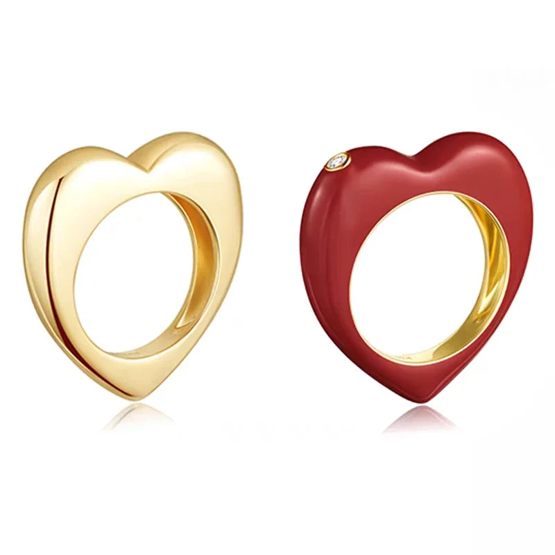 Fashion Simple Brass Electroplated 18k Gold Glossy Red Enamel Drip Glaze Three Dimensional Heart Rings for Women Jewelry