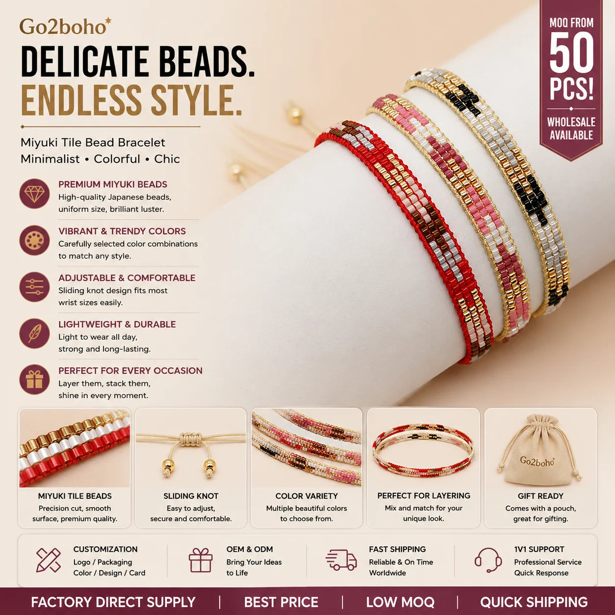 Go2boho Cross-border Ins Wind Color Contrast Imported Beads Hand-woven Boho Classic Pattern Beaded Bracelet Women