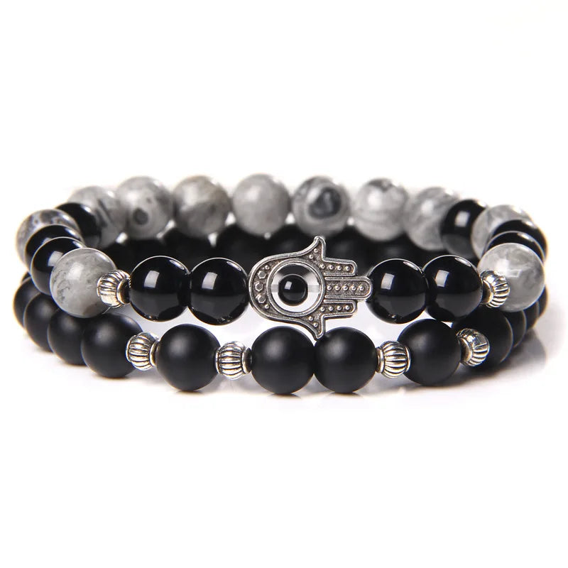 New Arrival 8mm Map Jasper Stone Beaded Bracelet for Men Business Gift with Elastic Fatima Hand Tiger Eye Stone Bracelet Jewelry