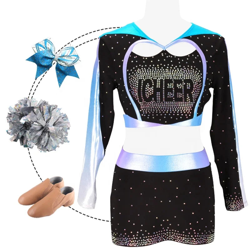 Custom Competition Rhinestone Blue Wholesale Cheerleading Uniforms Sideline Cheer Uniforms Adult Competitive Cheer Uniform