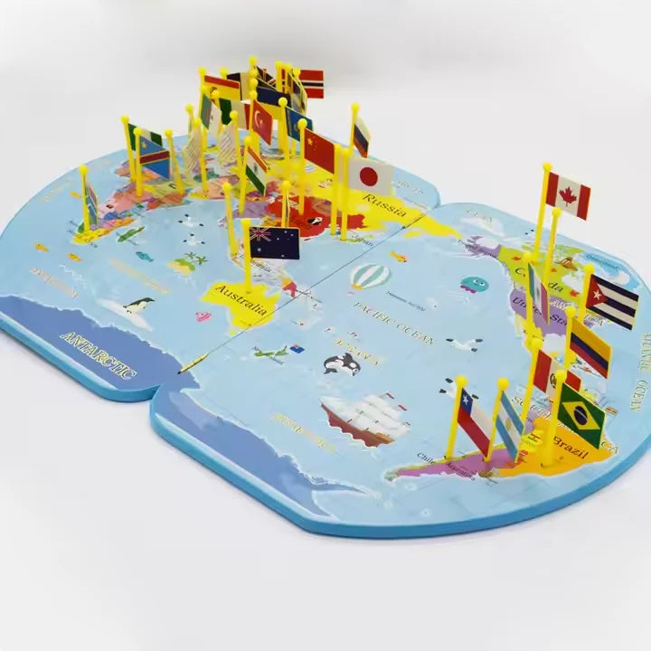 Children Learning Map With Flags Montessori Teaching Aids Wooden World Map for Kids