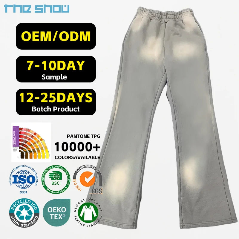 Custom Heavyweight Vintage Pants Sun Faded Jogger Graphic 3D Puff Print Stacked Sweatpants Men Acid Wash Flared Sweatpants Men