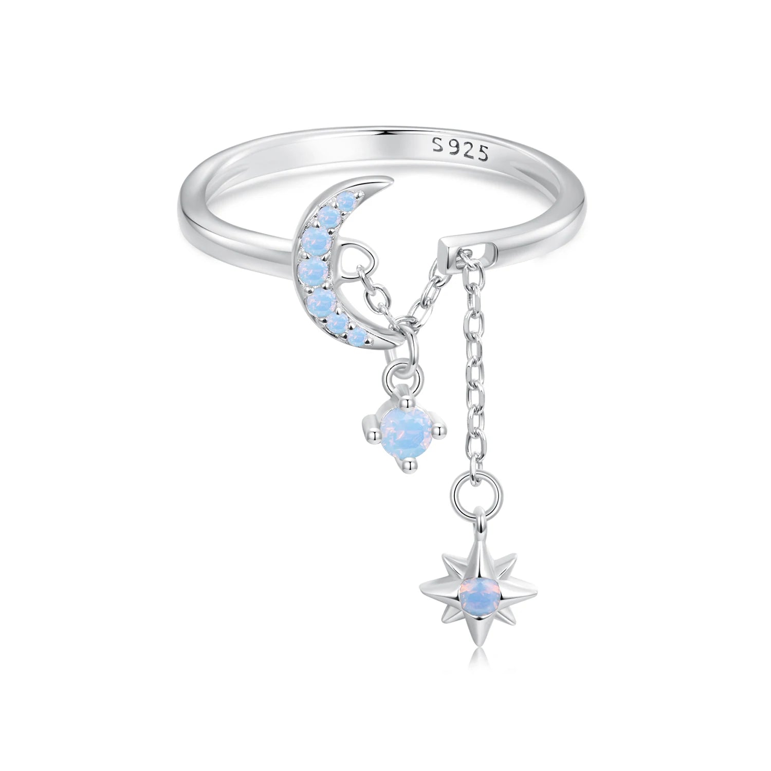 925 Sterling Silver Opal Star and Moon Chain Double Layer Ring for Women Wedding Adjustable Ring for Women Fine Jewelry BSR548