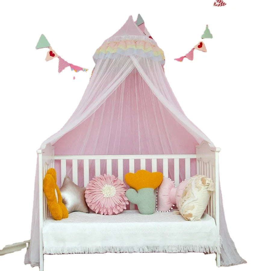 Decorative Children's Canopy Princess Folded Mosquito Net Kids Bed Canopy with Rainbow Lace 100% Polyester