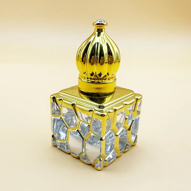 10ml Empty Gold-Plated Glass Perfume Bottle Carved Cube Water Essence Oil with Gilt Ball Opp Packaging