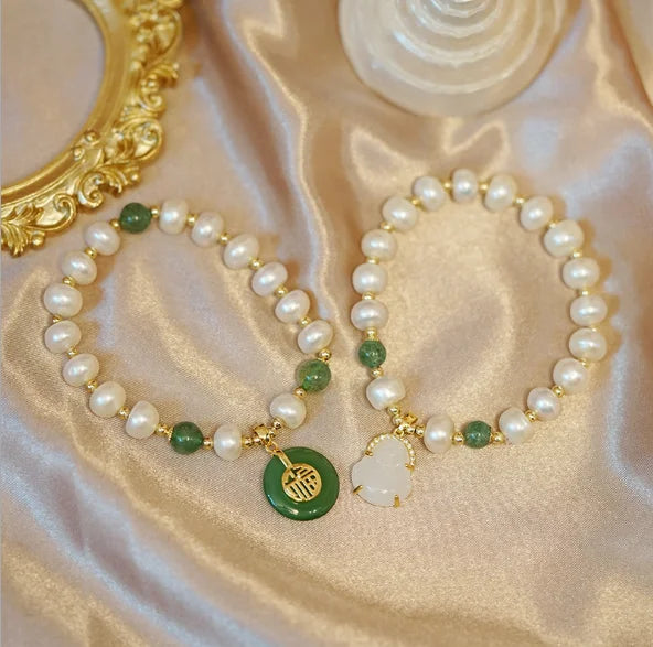 Chinese Style Natural Baroque Pearl String Beads Bracelets Transparent Lucky Character Buddha Statue Jade Charm Bracelet
