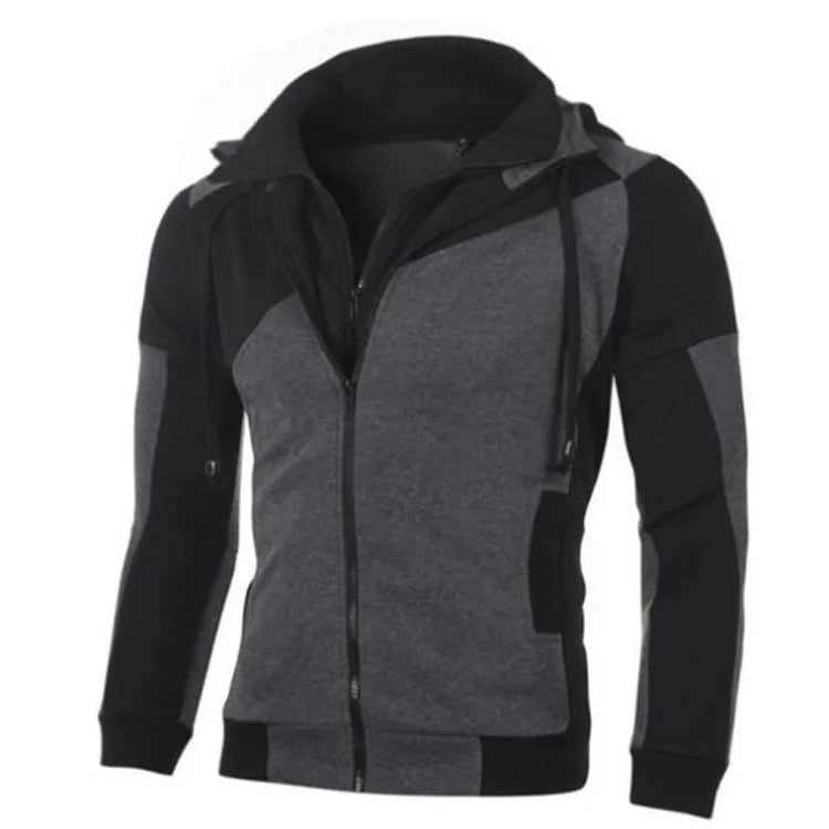Mens Hoodies Sweatshirts Colorblock Double Zipper Hooded Cardigan for Male Slim Fleece Hoodie Sweatshirt