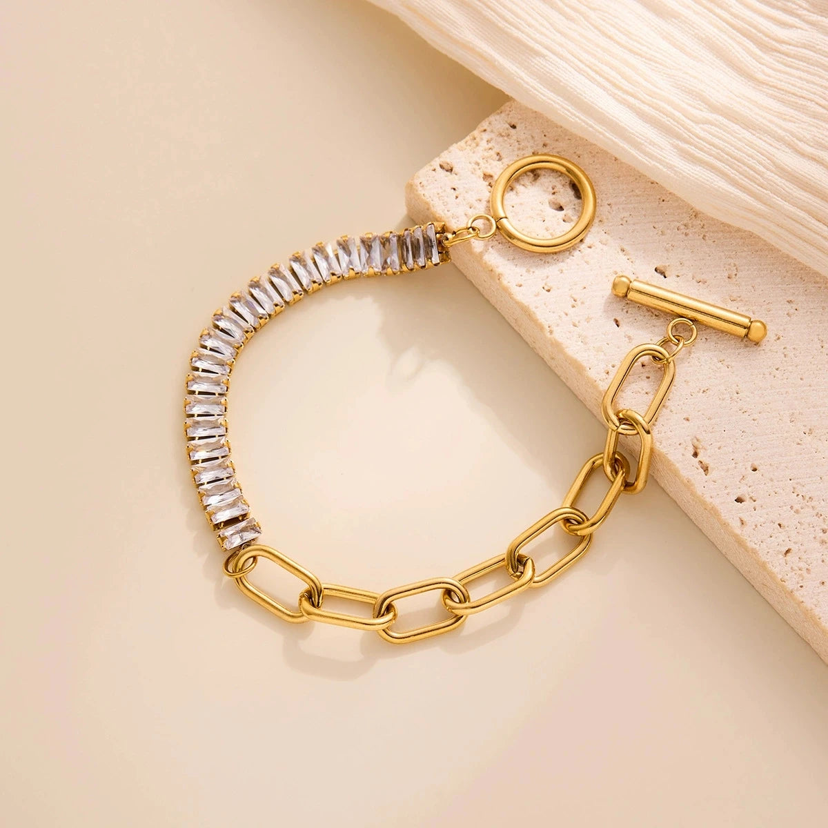 18k Gold-Plated Square Zircon Inlaid Stainless Steel Link Chain OT Clasp Paperclip Bracelet Light Luxury High-End Feel