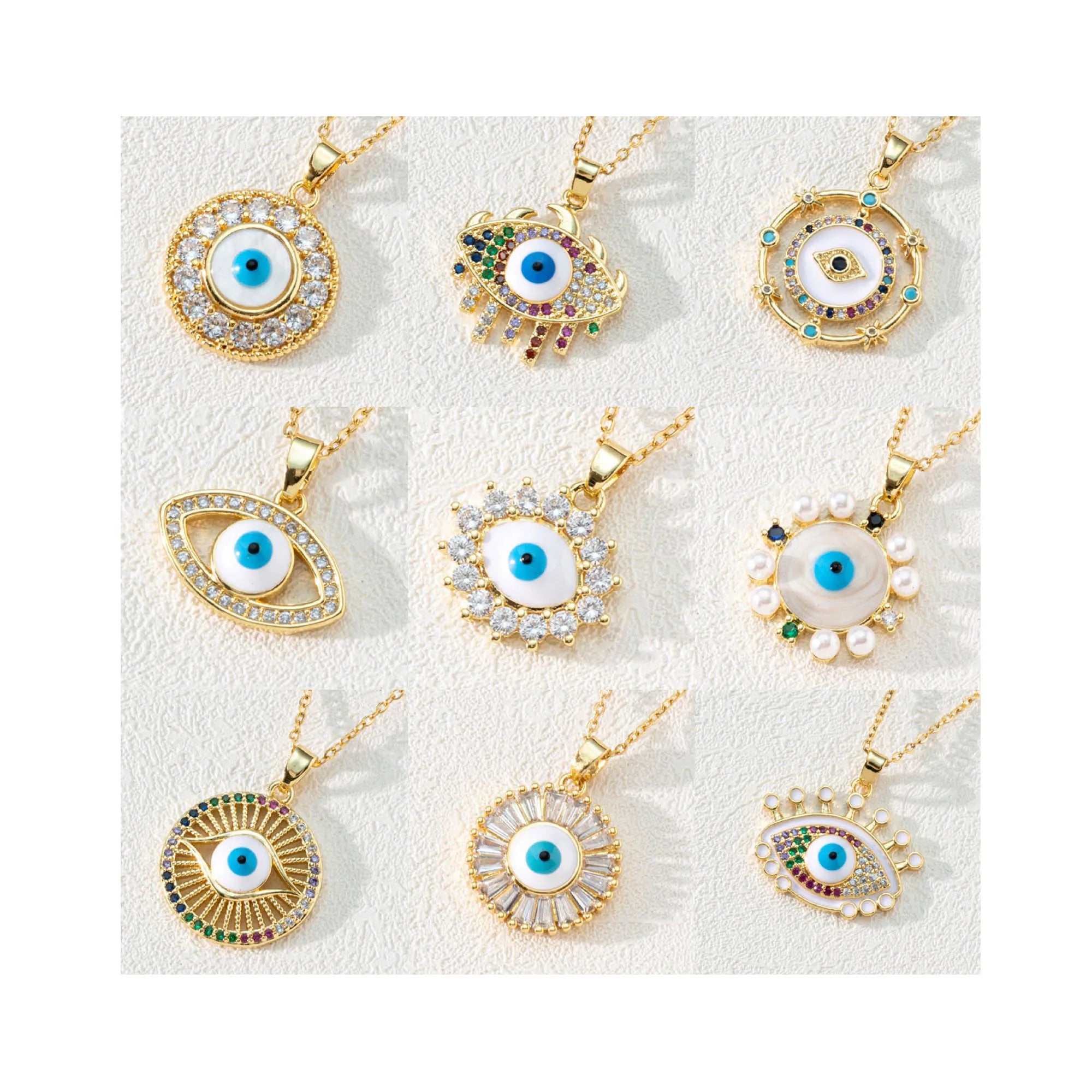 12 Designs CZ Crystal Blue Devil Eye Pendant Necklace 18k Gold Plated Zircon Evil Eyes Colorful Necklace for Women
