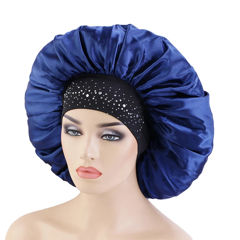 Wholesale Custom Logo Hair Accessories Big Size Solid Color Wide Band Designer Bonnets Bling Satin Bonnet for Women