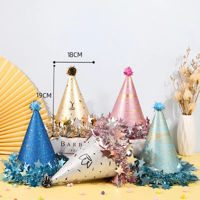 DAMAI Lovely Glitter Shiny Birthday Party Hat Pompom Hats with Crown Pattern for Children and Adult's Birthday Party Decorations