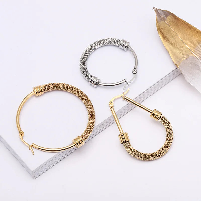 HOVANCI Newest Design Steel Grid Hoop Earrings 316L Stainless Steel Half Mesh Round Clip on Earrings MegaBDM