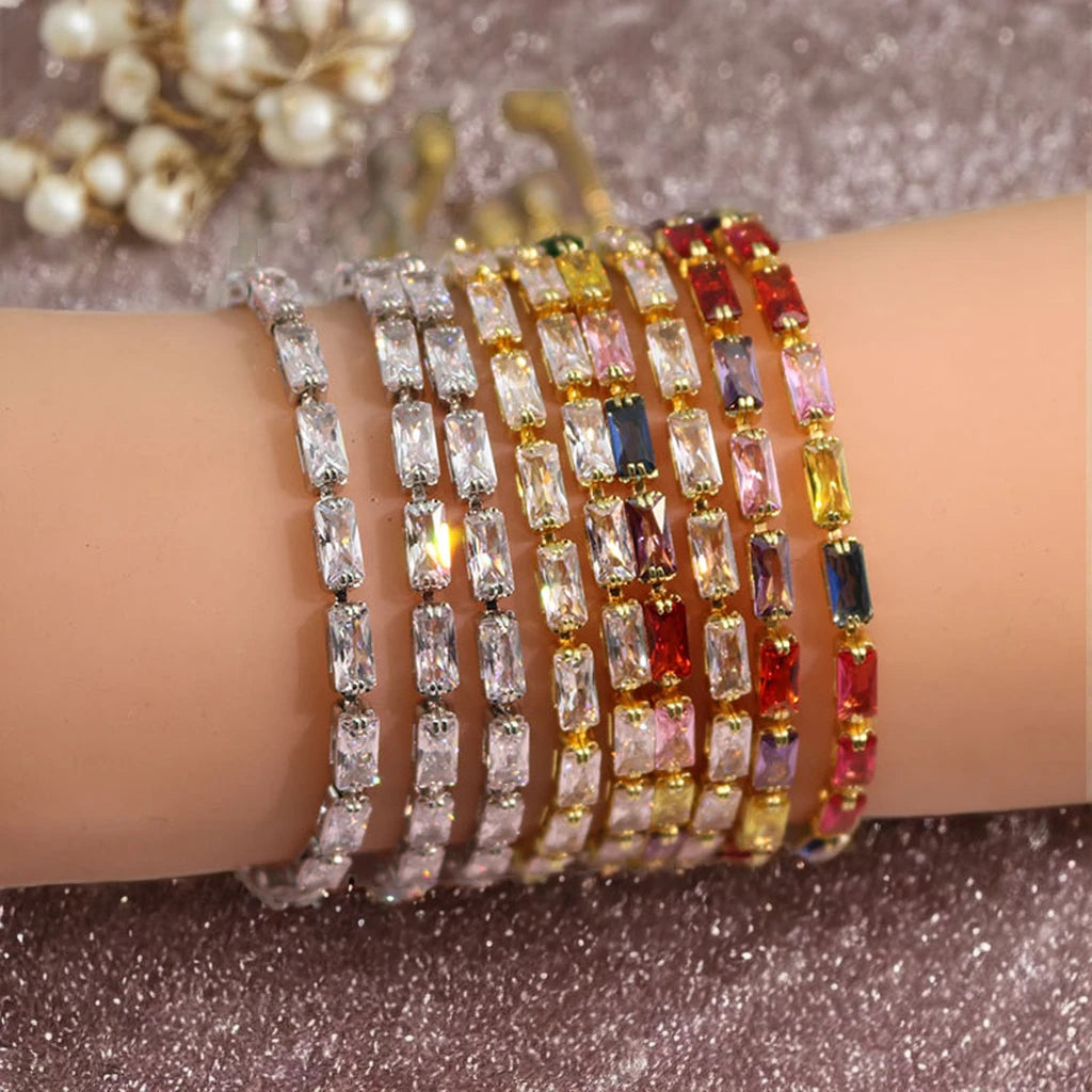BC1415 Bling Jewelry Crystal CZ Diamond Zircon Cubic Zirconia Baguette Tennis Bracelet with Slide Adjustable Chains for Women