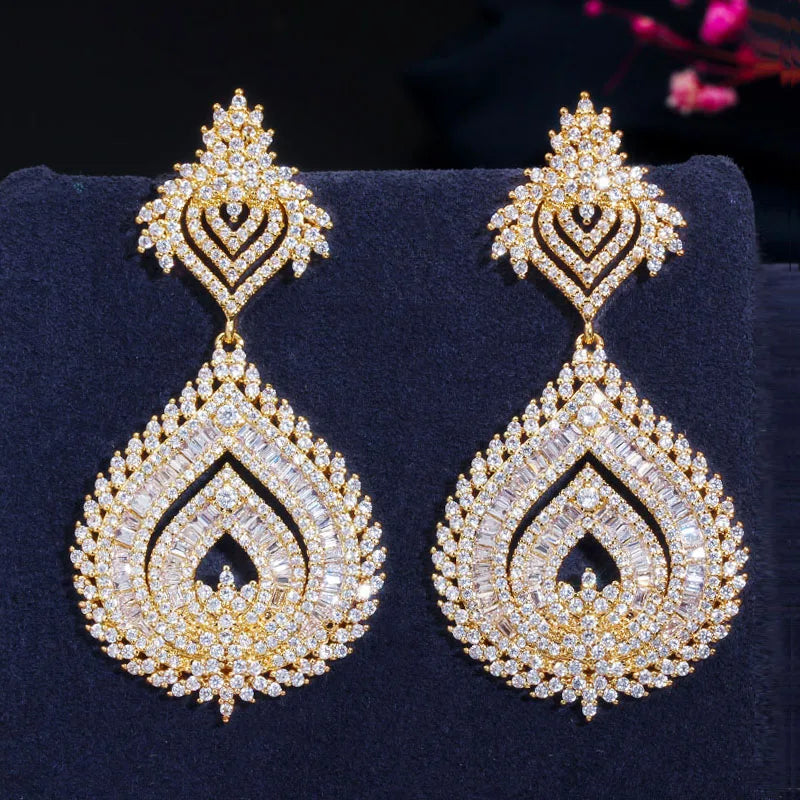 Luxury Gold Plated Color African Nigerian Cubic Zirconia Crystal Big Long Naija Wedding Bridal Party Women Drop Earrings Jewelry