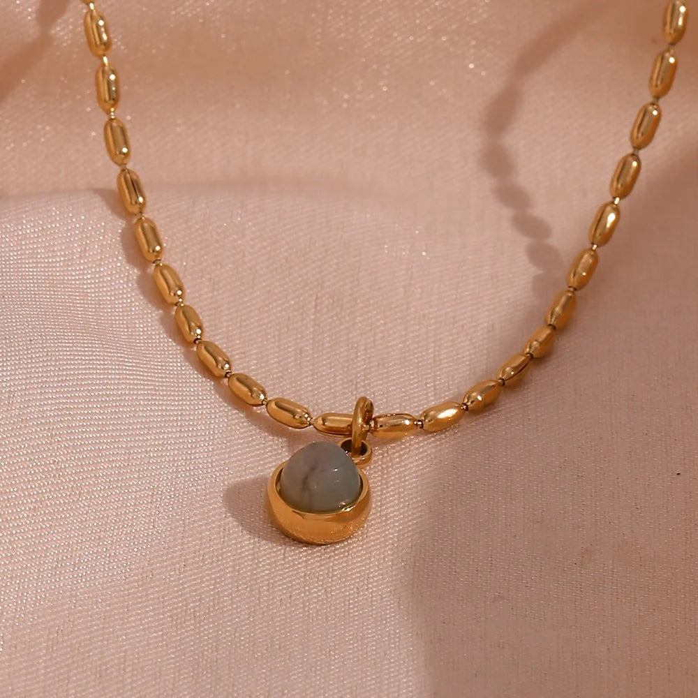 Dainty Beaded Necklace Round Natural Stone Charm Necklace Gold Plated Stainless Steel Gemstone Choker